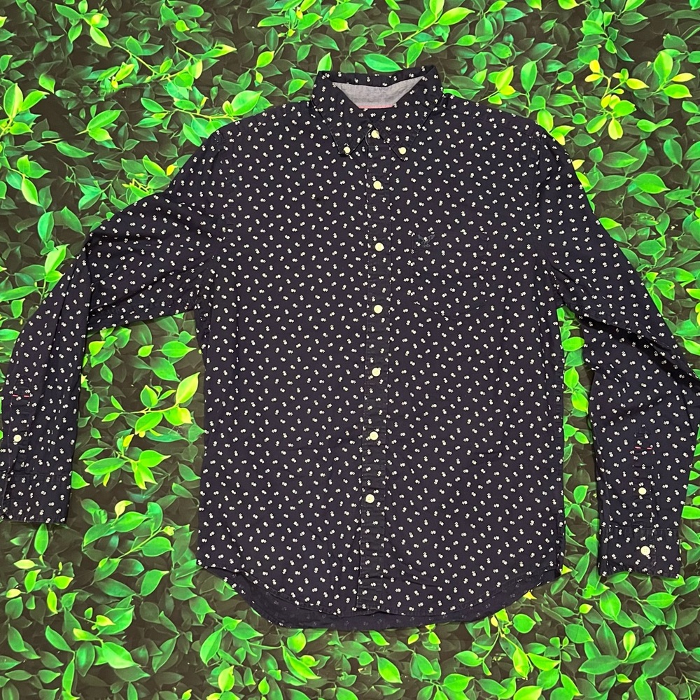 Medium Navy American Eagle Button Down Shirt. Small Flowers